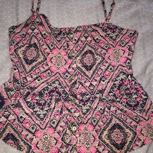 Cute Printed Pink Peplum Tank with Gold Buttons